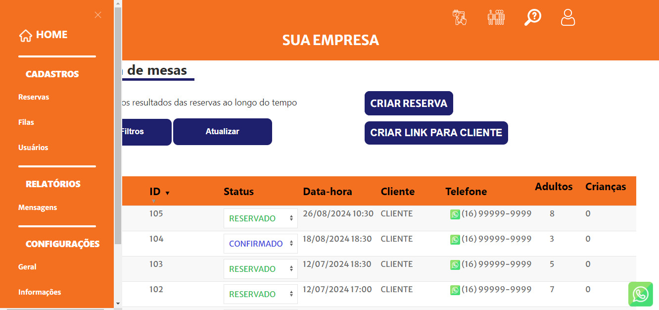 Tela do PegaMesa mostrando a interface de gerenciamento de reservas e filas